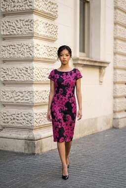 JS Collections Black Tulle Sheath Dress with Pink Floral Embroidery